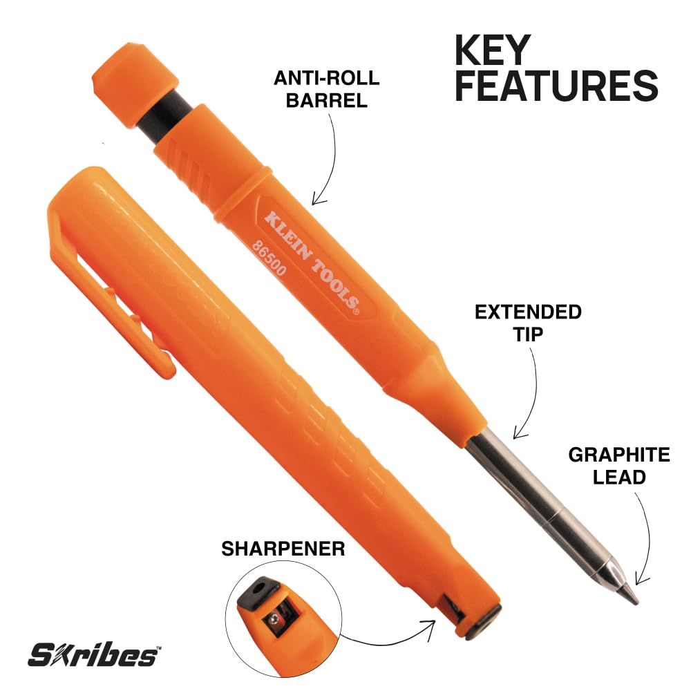 Klein Tools 80188 Skribes 2.8 mm Mechanical Carpenter Pencil with Built-In Sharpener and 10-Pack Graphite Lead Refills, for Deep Hole Marking for Woodworking and Construction