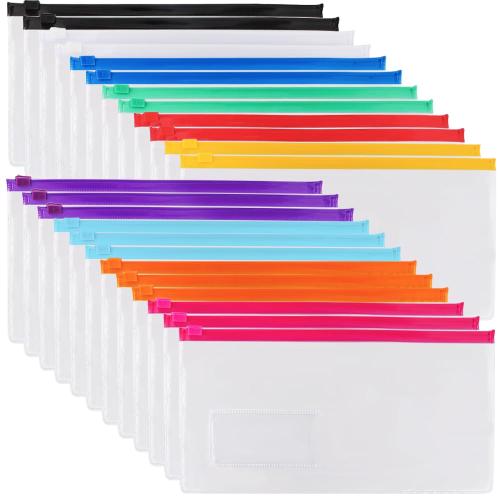 EOOUT 24pcs Poly Zip Envelope, Plastic Envelope, Reusable Envelopes, 9 x 4.7 Inches, A6 Size, 10 Colors, for Office Supplies