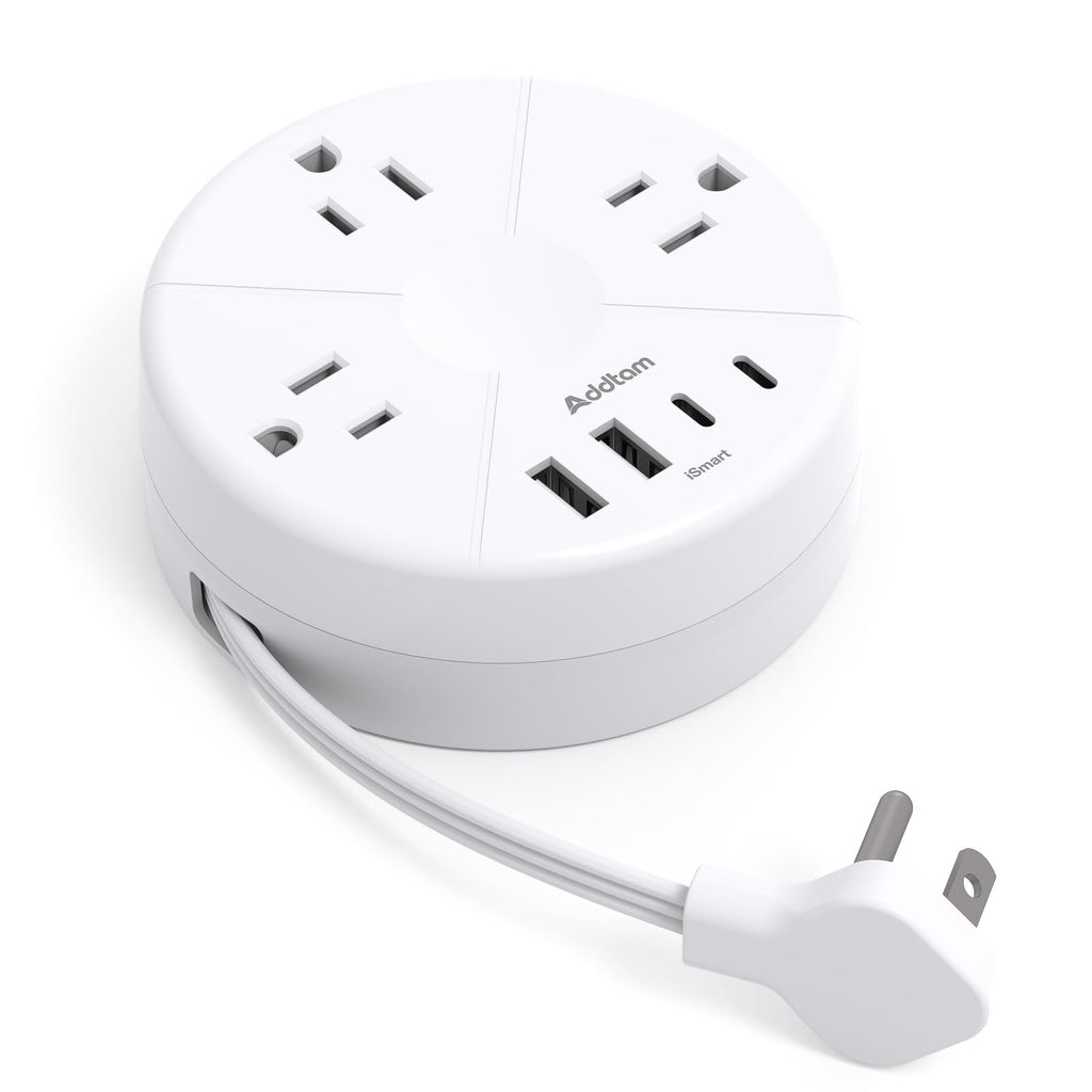 Addtam Travel Power Bar with 4 USB Ports(2 USB C), Retractable Flat Plug Extension Cord 5FT, Cruise Ship Essentials