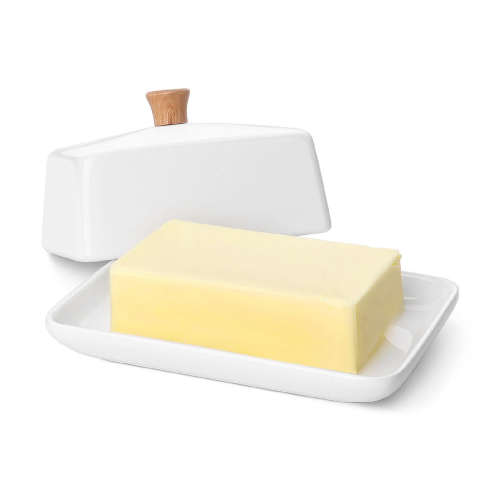 Flexzion Ceramic White European Butter Dish with Lid for Countertop (Large) - Wide 2 Stick Double Butter Holder for Counter, Cream Cheese Container Storage Keeper