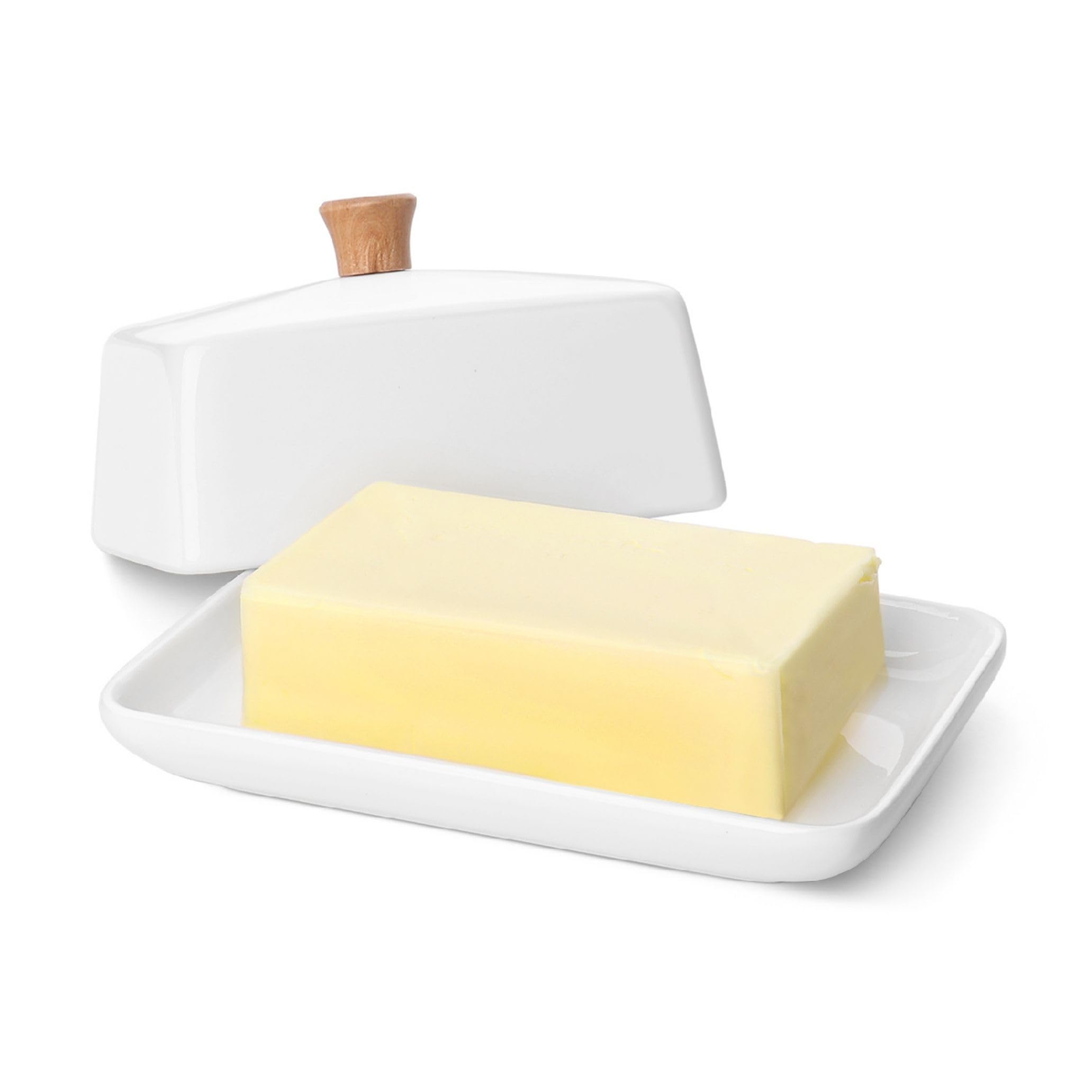 Flexzion Ceramic White European Butter Dish with Lid for Countertop (Large) - Wide 2 Stick Double Butter Holder for Counter, Cream Cheese Container Storage Keeper
