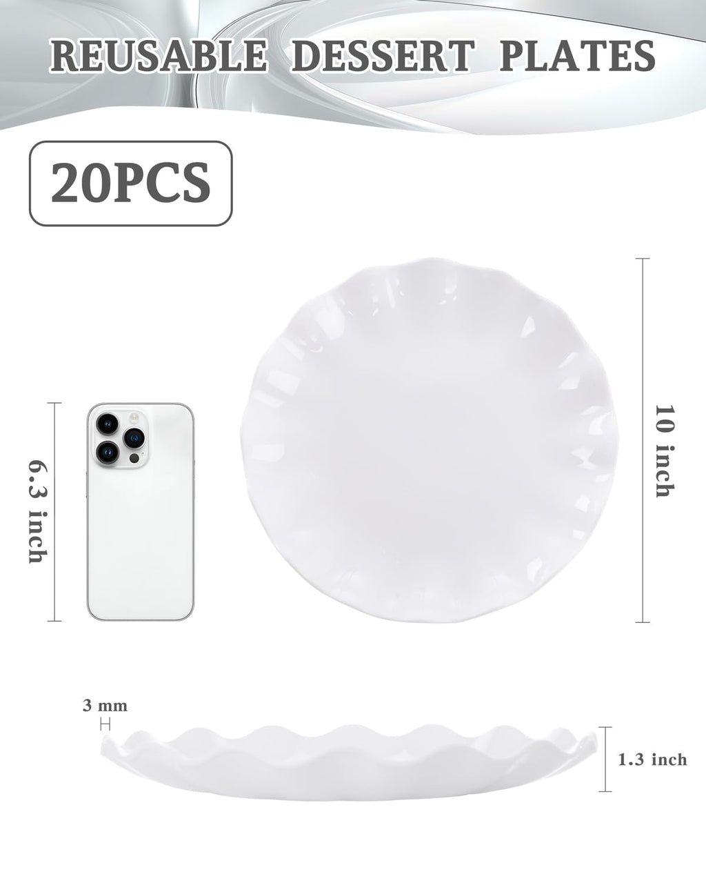 LIYH White Plastic Plates, 20 Pieces, Reusable, Unbreakable, Scalloped, Microwave & Dishwasher Safe 10 Inch