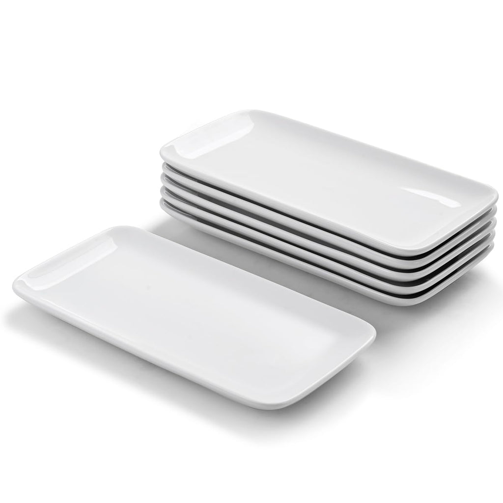 WishDeco Small Rectangle Serving Platters Set of 6, Ceramic Serving Dishes 9 inch / 23 cm, White Serving Tray for Salad, Dessert, Sushi, Party, Side Dish