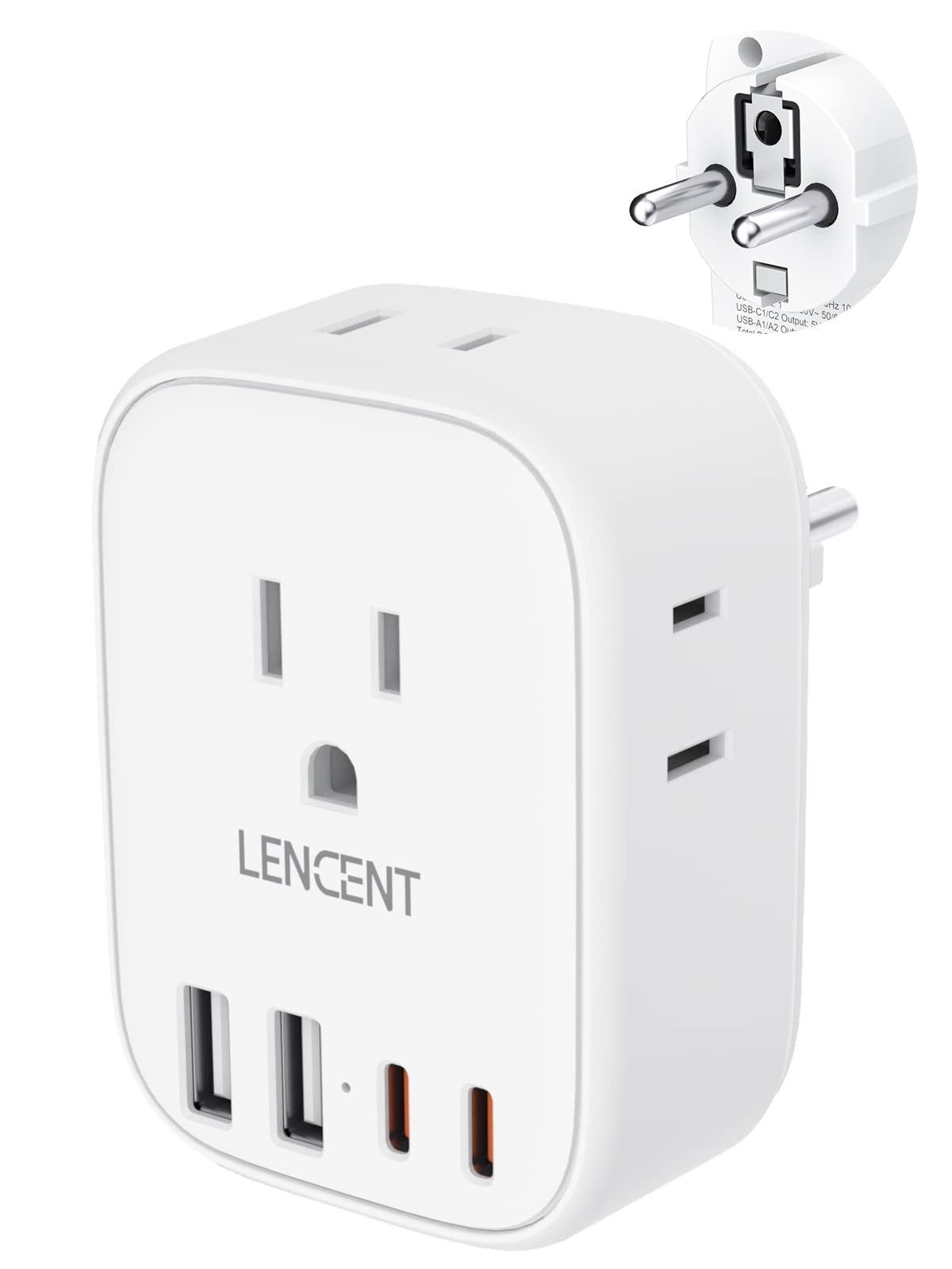 1 Pack Type E/F Travel Adapter,LENCENT Schuko Germany France European Plug Adapter with 4 USB Ports(2 Type C),4 Outlet Converter, Travel Essentials CA/US to EU Spain Norway Iceland Korea Portugal