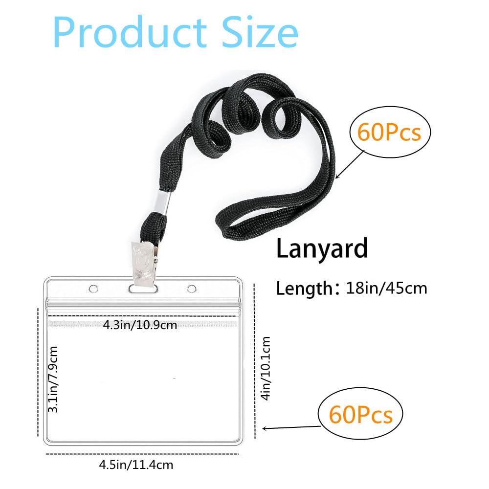 120pcs Tag Protector Holder Kit, Include 60pcs Clear Plastic Horizontal Name Tags Badge Id Card Holders and 60pcs Black Lanyards,for Office School Travel,Seminars,Trade Shows