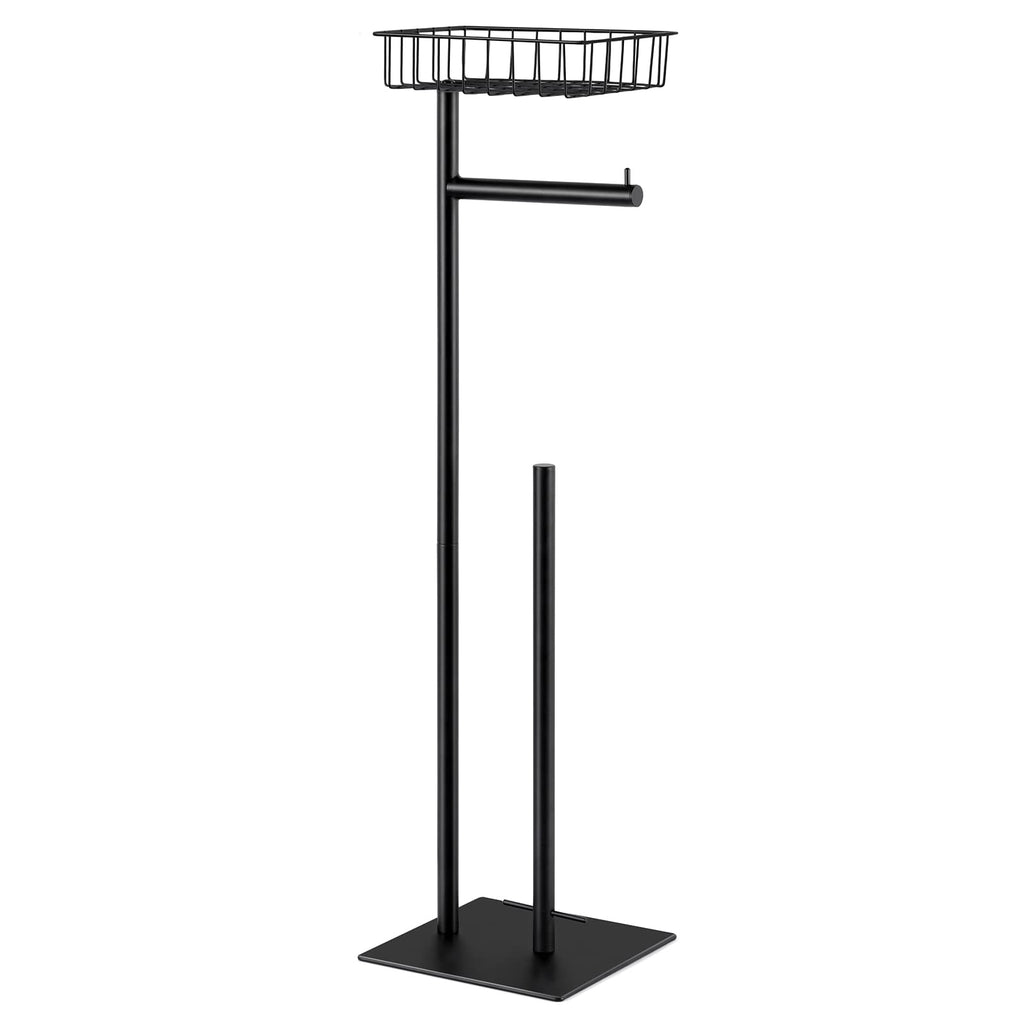 Toilet Paper Holder Stand Free Standing Toilet Paper Roll Holder with Storage Basket Industrial Tissue Holder Dispenser for Bathroom,Matte Black