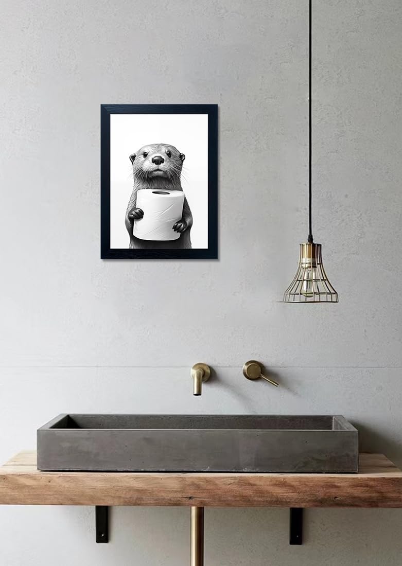 Bathroom Picture Wall Decor Black and White Framed Wall Art for Bathroom Toilet Paper in the Hand of a Little Funny Raccoon Canvas Print Painting