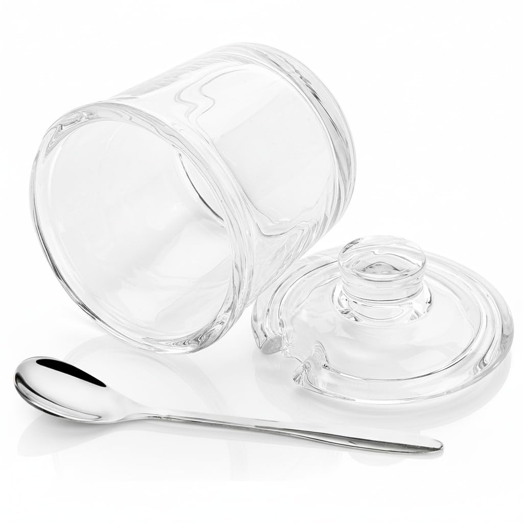 ZEAYEA Set of 2 Clear Glass Sugar Bowl, 6 Ounce Seasoning Box Condiment Pots with Spoon and Lid, Sugar Spice Salt Canister for Home Kitchen, Coffee Bar, Restaurant