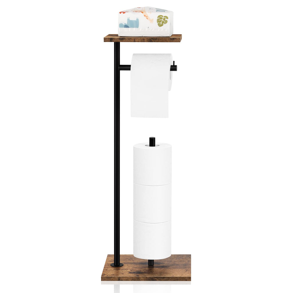 Toilet Paper Holder Stand Toilet Paper Roll Holder with Shelf Free Standing Toilet Tissue Holder Black Toilet Paper Storage Holder with Reserve for for Bathroom Holds Wipe, Mobile Phone, Mega Rolls