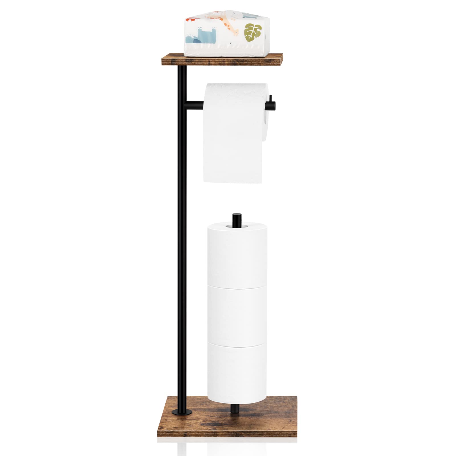 Toilet Paper Holder Stand Toilet Paper Roll Holder with Shelf Free Standing Toilet Tissue Holder Black Toilet Paper Storage Holder with Reserve for for Bathroom Holds Wipe, Mobile Phone, Mega Rolls