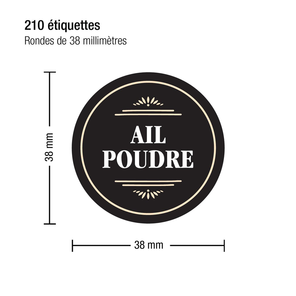 Etiquette epices Francais ; 210 autocollants épices en français ; Etiquette autocollante epice ; résistantes à l'eau et à l'huile 38 mm ; avec autocollants supplémentaires vierges Imprimées au québec