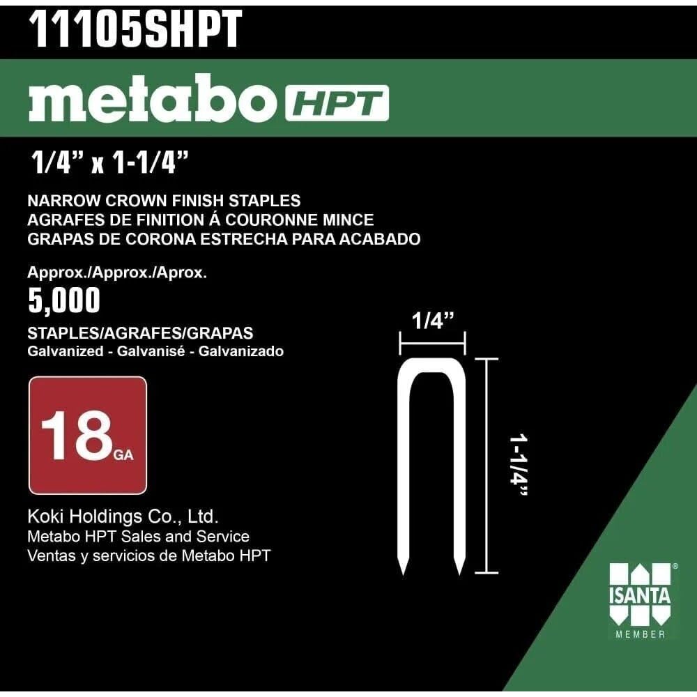 Metabo HPT Finish Staples | 1/4" x 1-1/4", 18 Gauge | Electro Galvanized, for N3804AB3 | 5000 Count | 11105SHPT