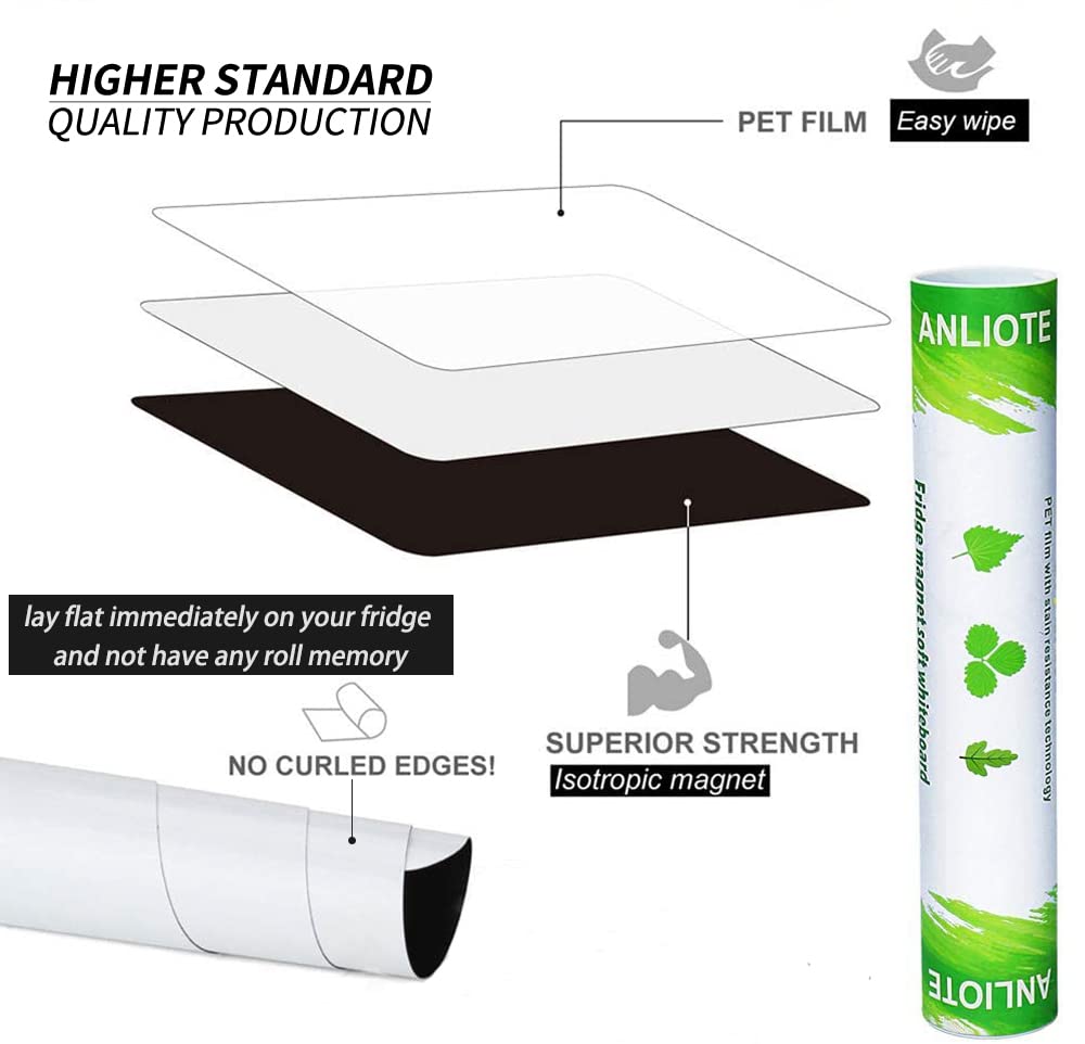 ANLIOTE Whiteboard Magnetic Fridge White Board Sheet 20"x13", Easy to Write and Wipe, Magnet Dry Erase Board for Home Kitchen Refrigerator Shopping List Planner Office Notice, 2 Marker Pens & Eraser