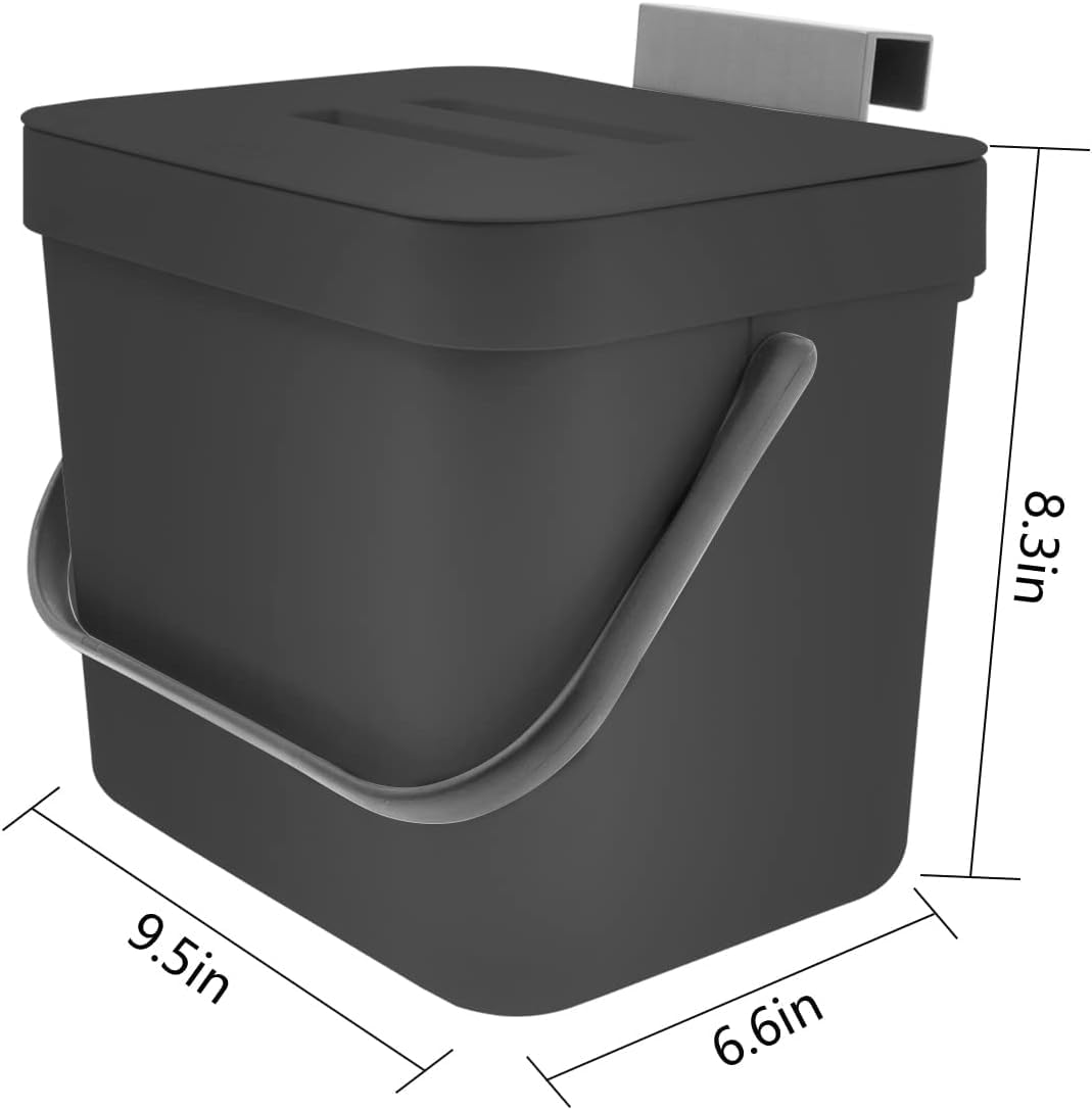 Kitchen Compost Bin with Lid, 1.8 Gallon / 7L Hanging Trash Can Small Portable Garbage Box Compost Bucket for Under Sink, Cabinet Door, Countertop -9.8" x 8.5" x 7.7"- Recycling Bins, Black