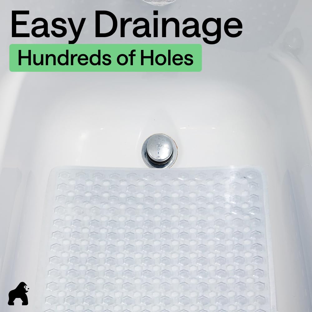 GORILLA GRIP Patented Bath Tub Shower Mat, Machine Washable Bathtub Floor Liner Mats, Suction Cups and Drain Holes to Keep Tubs Clean, Bathroom Essentials, 89x41 cm, Clear