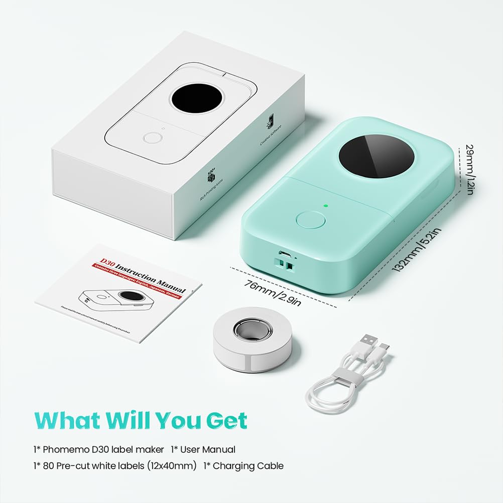 Phomemo D30 Label Maker Machine with Tape, Portable Bluetooth Label Printer, Small Smart Phone Handheld Sticker Mini Labeler Multiple Templates Font Icon Easy to Use Inkless Rechargeable F Office Home
