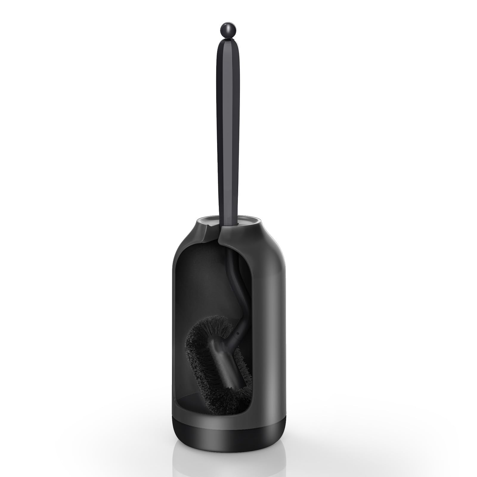 HAMITOR Toilet Brush and Holder Set: Curved Design Bathroom Toilet Bowl Cleaner Brush for Deep Cleaning Under Rim- Flexible Bristles Toilet Scrubber with Long Handle- Modern Travel RV Tools- Black