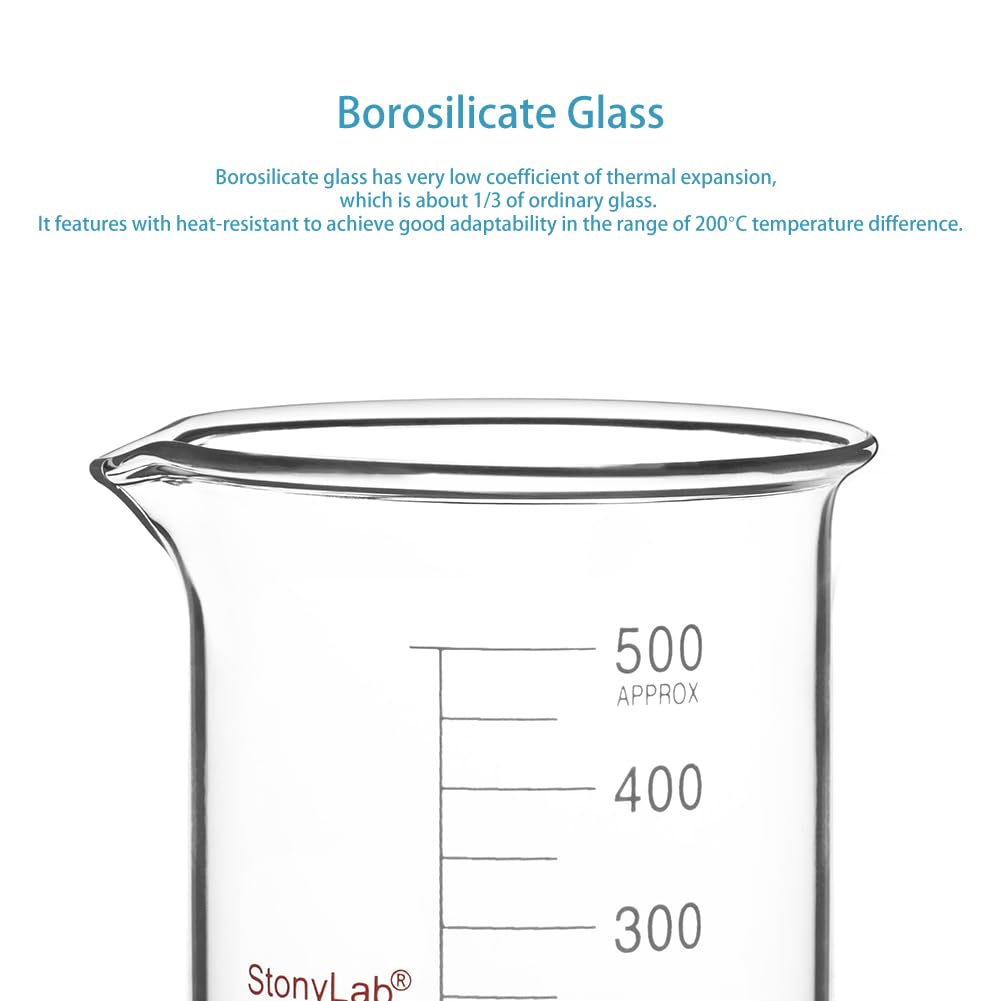 stonylab Glass Beaker, 1 Pack Borosilicate Glass Graduated Low Form Griffin Beaker with Pouring Spout Lab Beaker, 500 ml