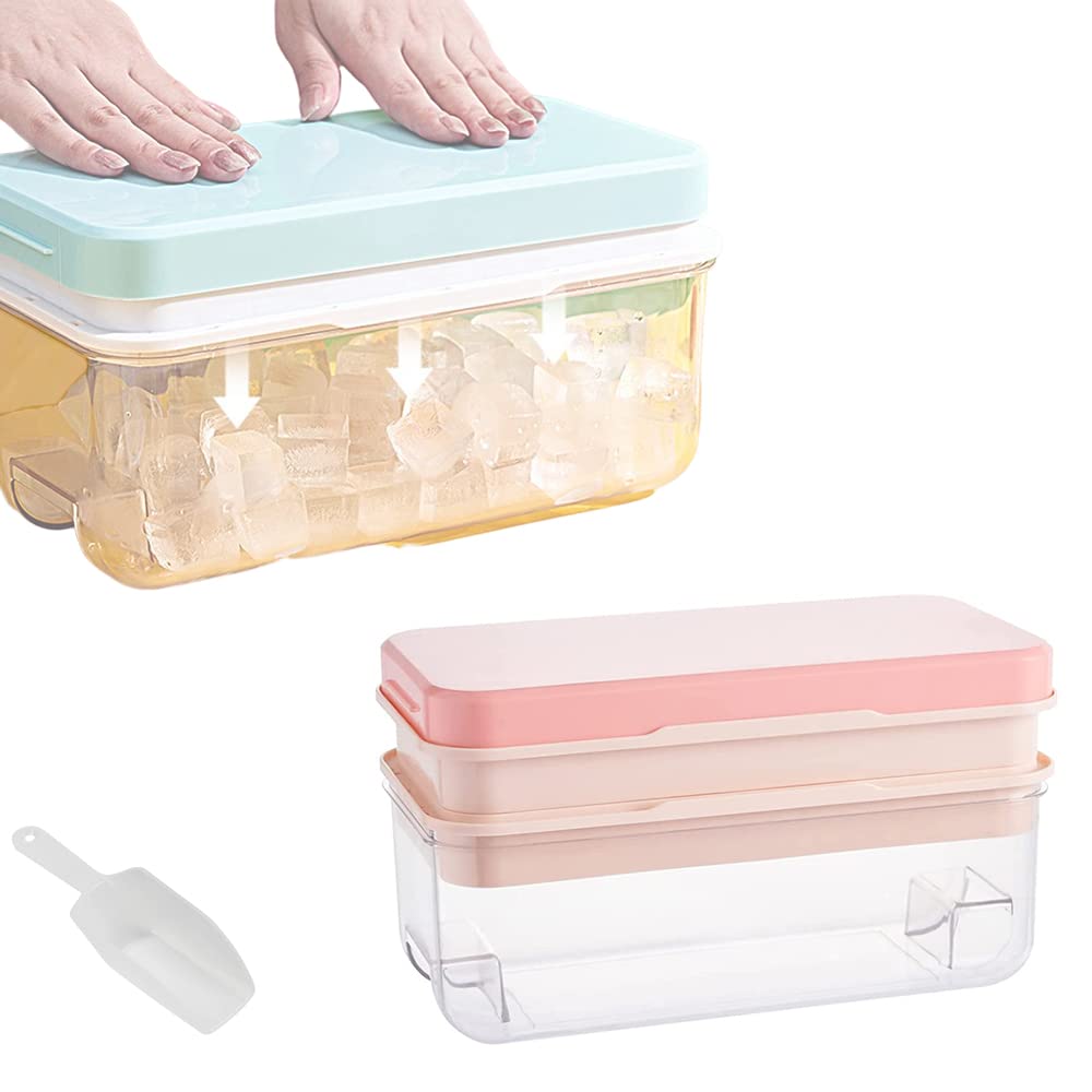 Ninyoon 1 Second Release Ice Cube Tray with Lid and Bin, 2 Tier ice molds Make 64 Ice Cubes Big Capacity Bin for Freezer Including Ice Scoop (Pink)