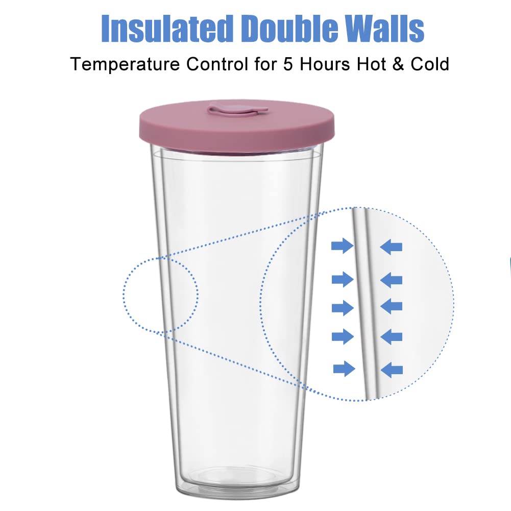 UHAPEER 2 Pack Reusable Boba Tea Cups, 24oz Iced Coffee Cup with Straw and Lid, Leakproof Clear Plastic Cups Tumbler, Double Wall Insulated Smoothie Tumbler, Wide Straw for Bubble Tea, Pink and Bule