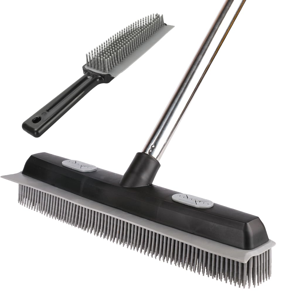 Pet Hair Rubber Broom with Carpet Rake and Squeegee, 2 in 1 Floor Brush for Carpet, 62 inch Adjustable Handle,Black (1)