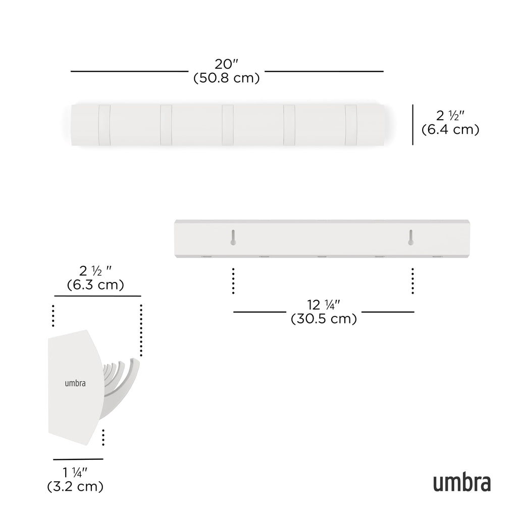Umbra Flip Wall-Mounted Coat Rack with 5 Hooks – Modern, Space-Saving Storage for Hats, Jackets, Bags, Entryway, Mudroom, Closet, Bathroom, Bedroom – White/White
