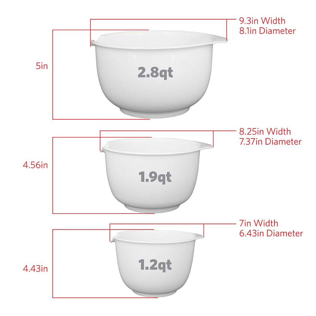 Glad Mixing Bowls with Pour Spout, Set of 3 | Nesting Design Saves Space | Non-Slip, BPA Free, Dishwasher Safe Plastic | Kitchen Cooking and Baking Supplies, White
