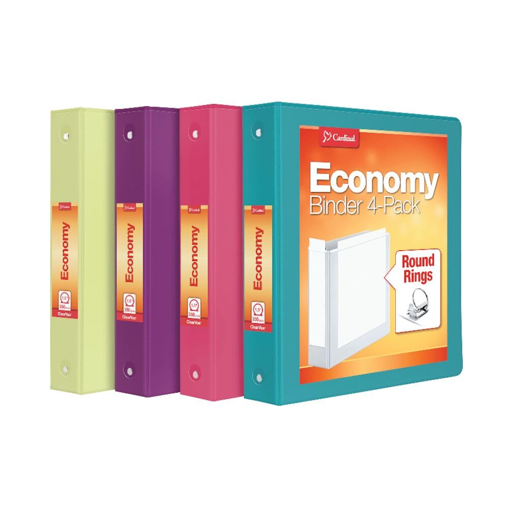 Cardinal Binders, 3-Ring, 1.5 Inch, 350-Sheet Capacity, Assorted Colors 4-Pack (Pink, Teal, Purple, Lime), Customizable Covers, Non-Stick with Pockets, for School, Office or Projects