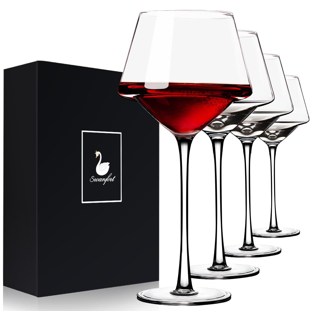Swanfort Red Wine Glasses Set of 4，Hand Blown Crystal Wine Glasses with Stem, Unique Design Long Stem Wine Glass with Box for All Purpose 14.5 OZ