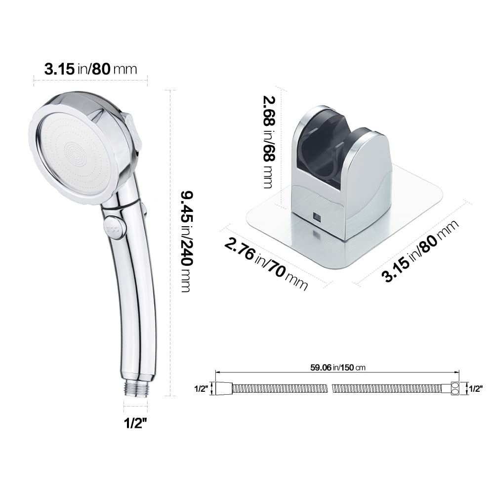KAIYING Drill-Free High Pressure Handheld Shower Head with ON/Off Pause Switch 3 Spray Modes Water Saving Showerhead, Detachable Puppy Shower Accessories (M:Shower Head (Chrome)+Bracket+Hose)