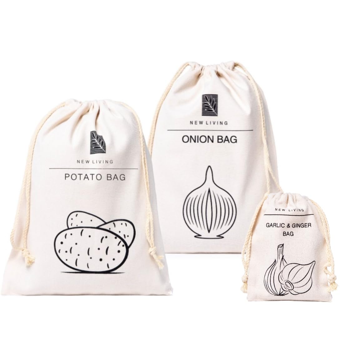 Potato, Onion & Garlic Bag 3 Pack Bundle - Real Linen Cotton Blend | Food Sack Eco Product Vegetable Storage | 30x40 cm