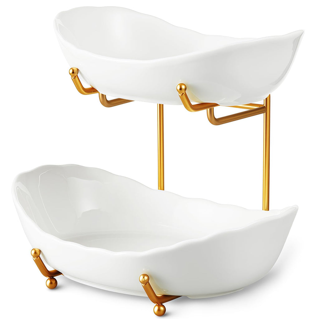 HOMKULA Fruit Bowl for Kitchen Counter - 2 Tier Ceramic Serving Bowls with Metal Stand, Tiered Fruit Basket for Fruit Vegetable Storage, Snack, Nuts, Cake, Dessert, Small & Cute (Gold&White) 1