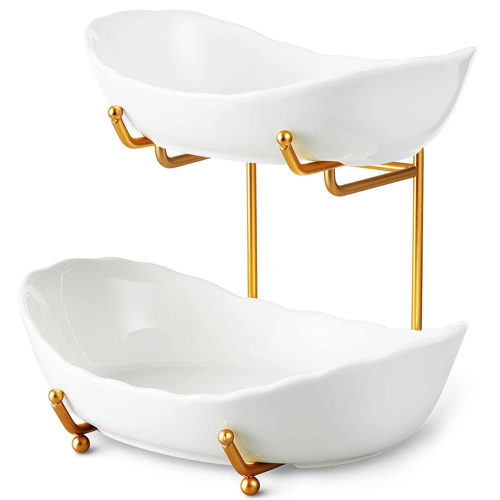 HOMKULA Fruit Bowl for Kitchen Counter - 2 Tier Ceramic Serving Bowls with Metal Stand, Tiered Fruit Basket for Fruit Vegetable Storage, Snack, Nuts, Cake, Dessert, Small & Cute (Gold&White) 1