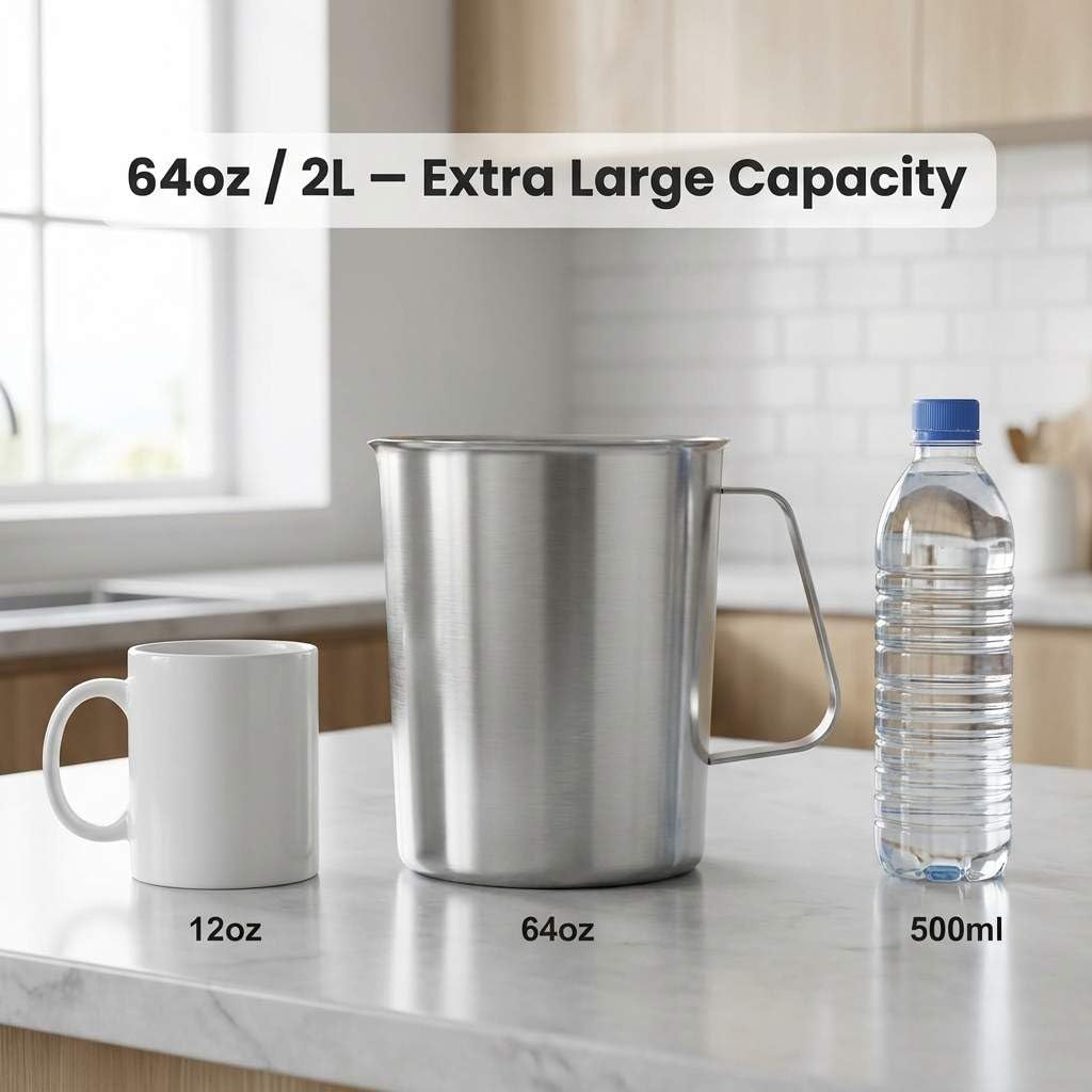 QWORK 304 Stainless Steel Measuring Cup 64 OZ with OZ/ML Graduations, 8 Cup Kitchen Mixing Pitcher, Precision Engraved Markings, Container for Baking and Frothing, 2 Liter