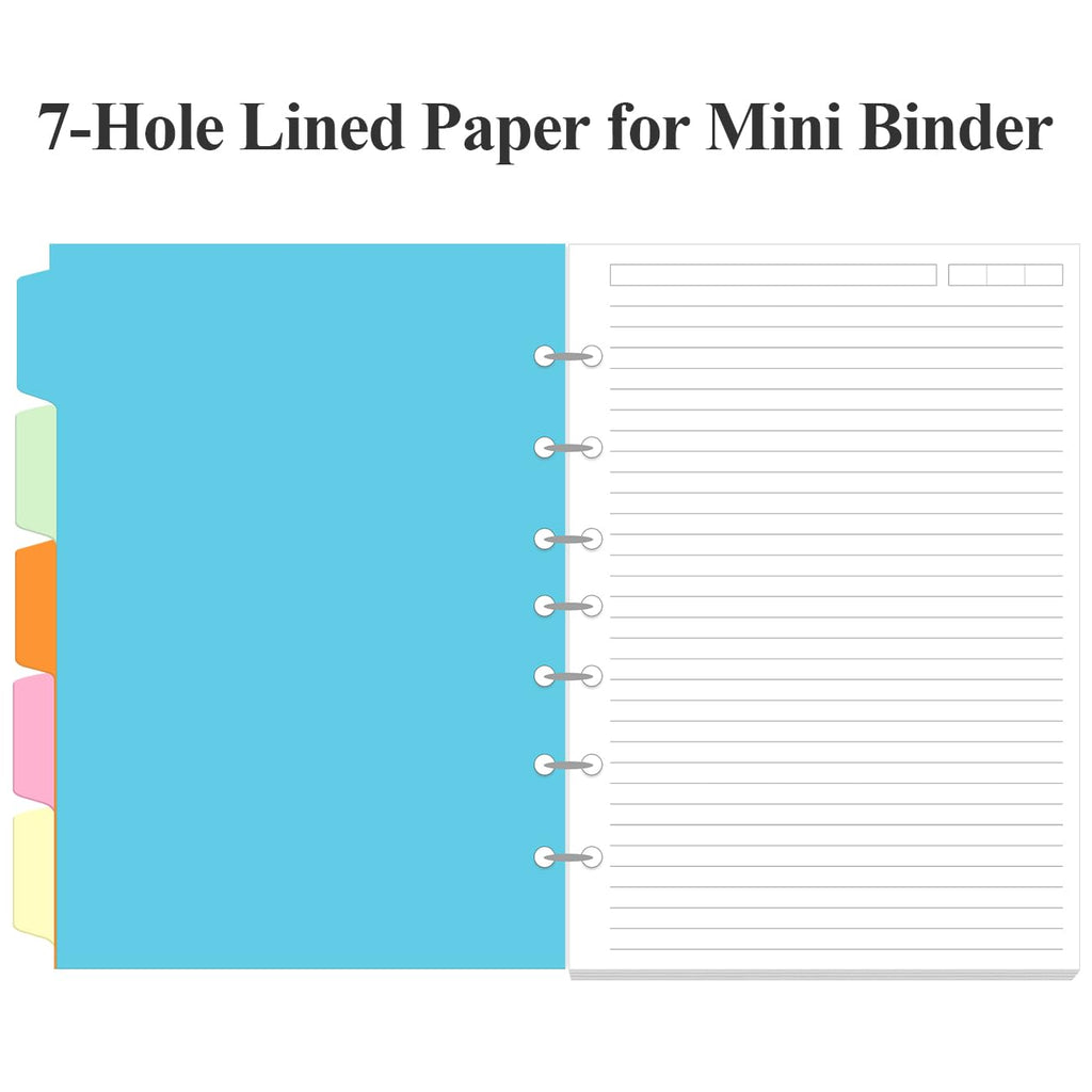7-Hole Lined Paper Refills for Mini Binder - 100 Sheets/200 Pages 7 Ring Loose Leaf Lined Paper with 5 Colorful Tab Dividers, 5.8" x 8.5"