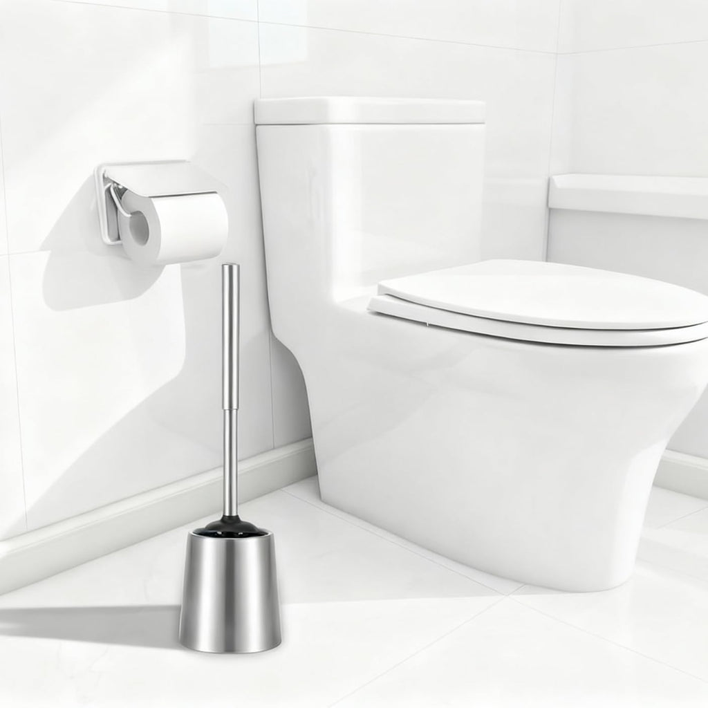 SOPRANNOMIN SUS304 Stainless Steel Toilet Brush and Holder Silicone Head TPE Soft Head Brosse Toilette Cleaning Brush for Bowl Bathroom Cleaning Brush Set Brosse de Toilette Brushed Silver
