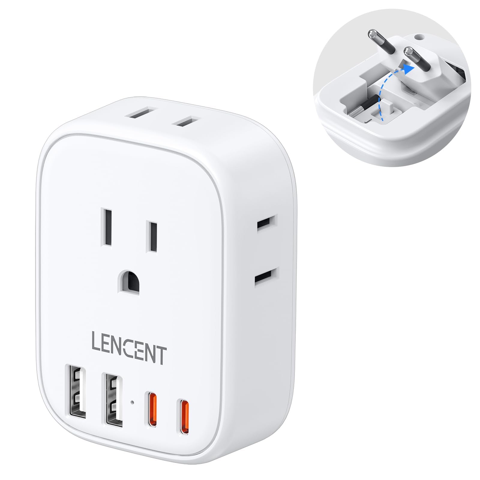 European Travel Plug Adapter, LENCENT International Type-C Foldable Power Plug with 4 Outlets, USB C Charger Adaptor, Canada/US to Most of Europe EU Iceland Spain Italy France Germany Greece