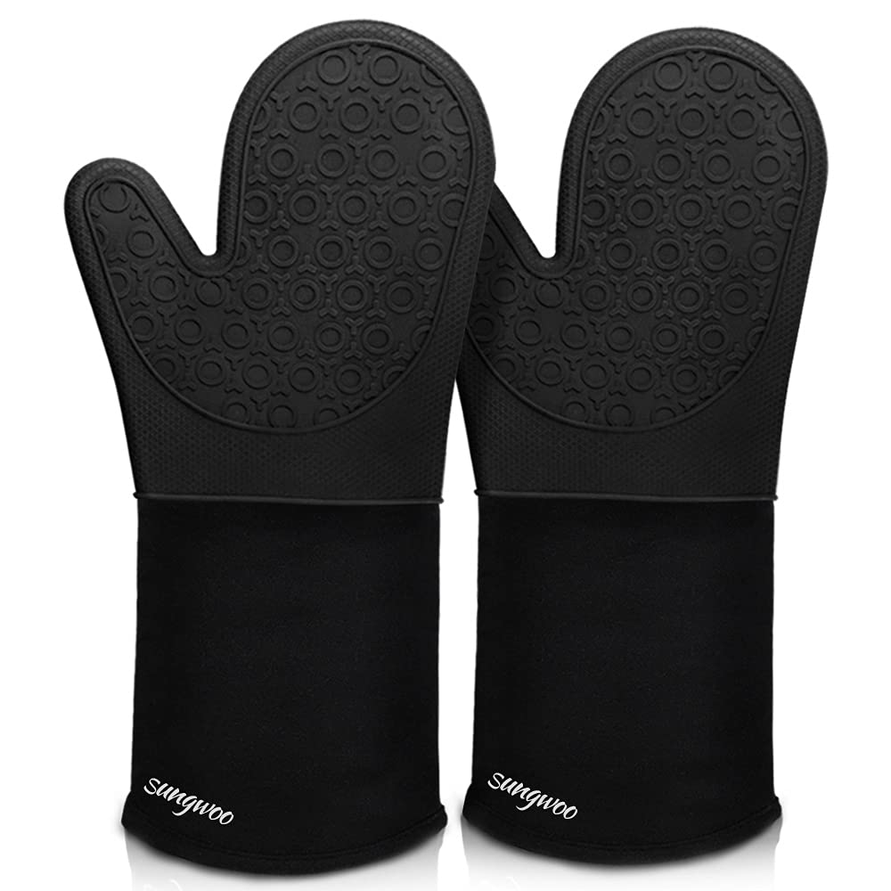 Sungwoo Extra Long Silicone Oven Mitts, Heat Resistant Oven Gloves with Quilted Liner Non-Slip Textured Grip Perfect for BBQ, Baking and Grilling - 14.6 Inch Black