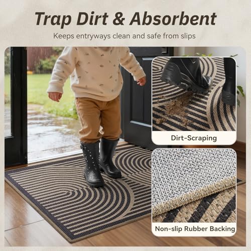 Front Door Mat Indoor Outdoor Mat for Entrance Mat Easy-Jute Entryway Mat-Mud Trapper Absorbent Low-Profile Fall Door Mats Entry Rug Arched Black 43x75cm