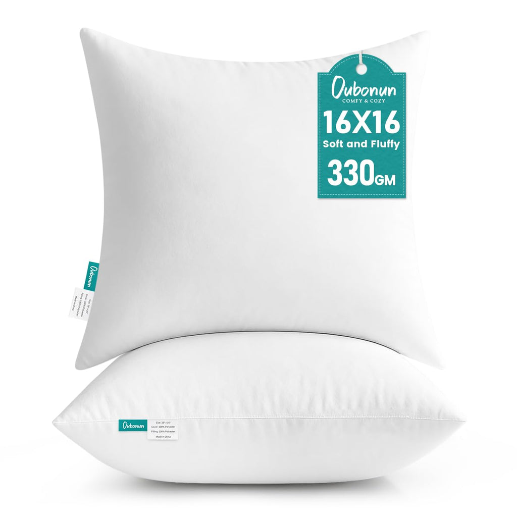 Oubonun 16 x 16 Throw Pillow Inserts - Soft, Plush & Decorative Down Alternative Pillows for Couch Sofa Bed, Machine Washable - White, Pack of 2