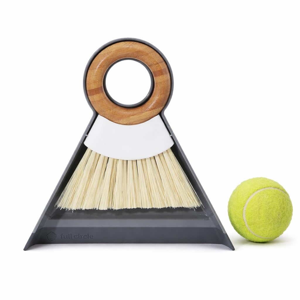 Full Circle Tiny Team Mini Compact Brush & Dustpan Set, Portable Handheld Broom for Quick Cleanups, Ideal for Home, Bathroom, Kitchen Countertops. Bamboo Hand Broom & Small Crumb Sweeper