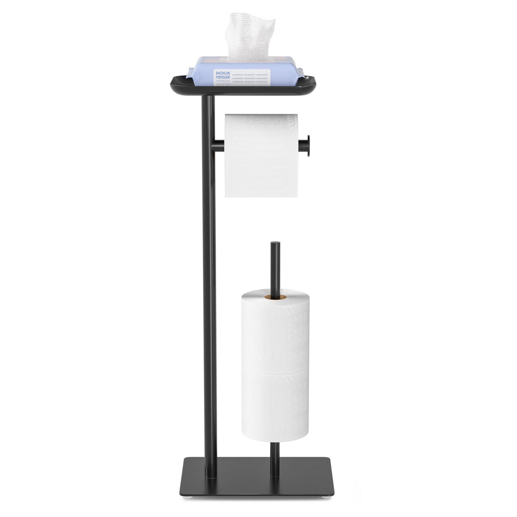 Toilet Paper Holder Stand with Top Storage Shelf, Matte Black Toilet Paper Roll Holder Free Standing, Floor Standing Toilet Roll Dispenser Storages 4 Reserve Rolls CAA75B5568