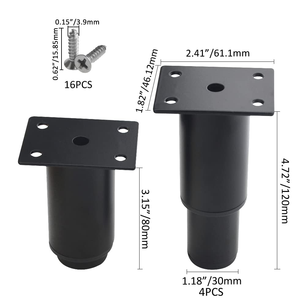 XINMEIWEN 4Pack Metal Adjustable Furniture Legs Cabinet Foot Legs Heavy Duty Bed Center Frame Slat Support Leg for Table Bed Sofa (3’’/80mm-4.7’’/120mm, Black)