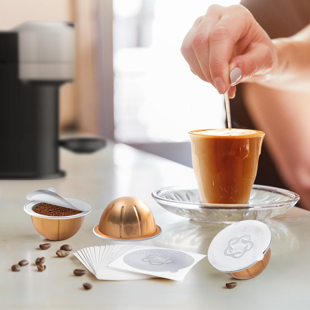 200pcs Coffee Pod Seal Lids,Aluminum Espresso Lids Foil Seals for Reusable Capsules Compatible with Nespresso Espresso Capsules Machines (for VertuoLine)+1 Spoon +1 Brush