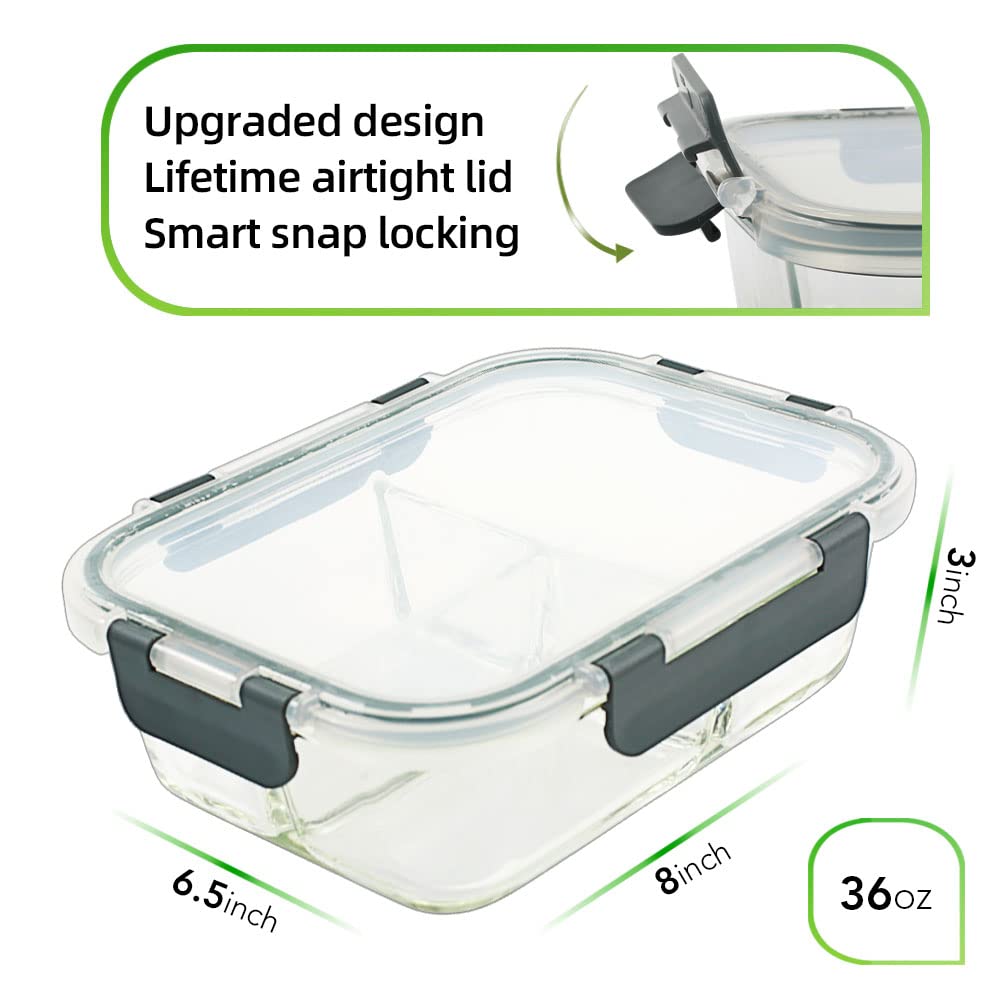 DAS TRUST 3 Pack Bento Box Glass Meal Prep Container 3 Compartment Glass Food Storage Containers with Lids Meal Prep Bowls Lunch Box for Oven