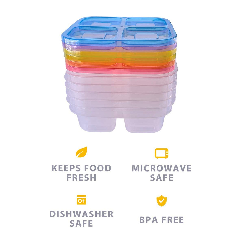 Finorder 4-Compartment Food Containers, Reusable Snack Container for Kids School, Office, Picnic, Portable Snack Lunch Box Meal Prep Containers, Set of 6 (Classic Color Set)