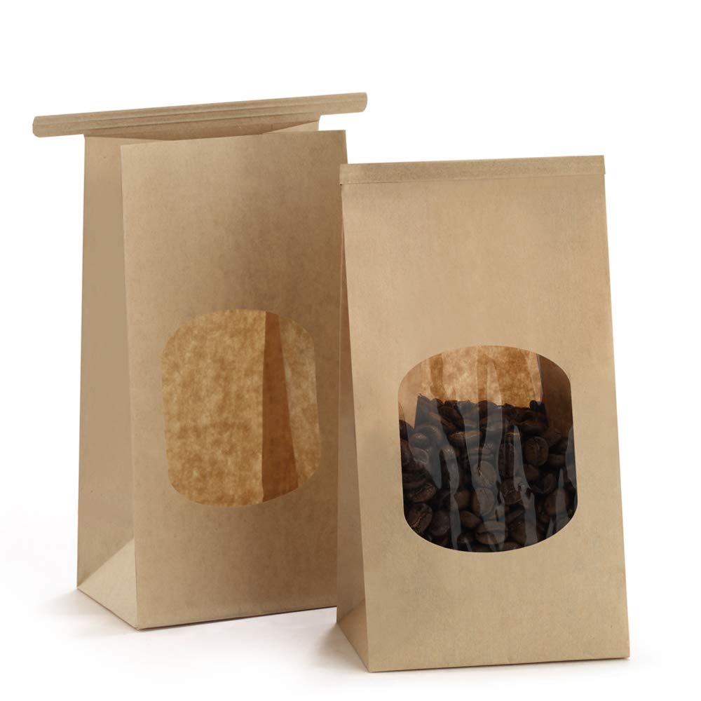BagDream Cookie Bags 50Pcs 3.54x2.36x6.7 Inches Brown Kraft Paper Bags with Window Tin Tie Tab Lock Recyclable Treat Bags for Coffee Bean Bread Muffin Popcorn Party Wedding