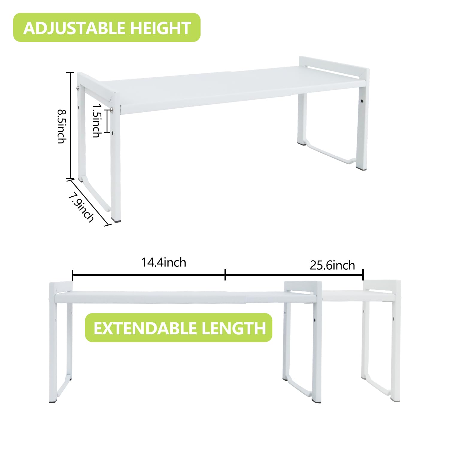 Expandable Cabinet Shelf13.8-26"(L), Stackable Kitchen Counter Shelf Organizer, Kitchen Spice Rack Pantry Shelf, Djustable Cupboard Organizer Storage Rack for Kitchen Office (White,1 pack M)