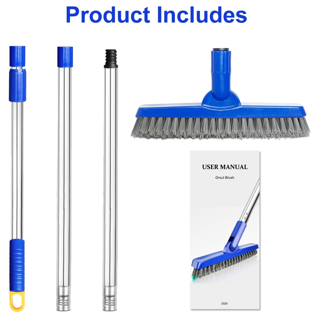 PuriSwiff Grout Cleaner Brush - with 58" Stainless Steel Adjustable Handle, Shower Cleaner Brush FloorScrubber for Grout Lines, Tiles, Corners, and Hard-to-Reach Areas Cleaning Tool