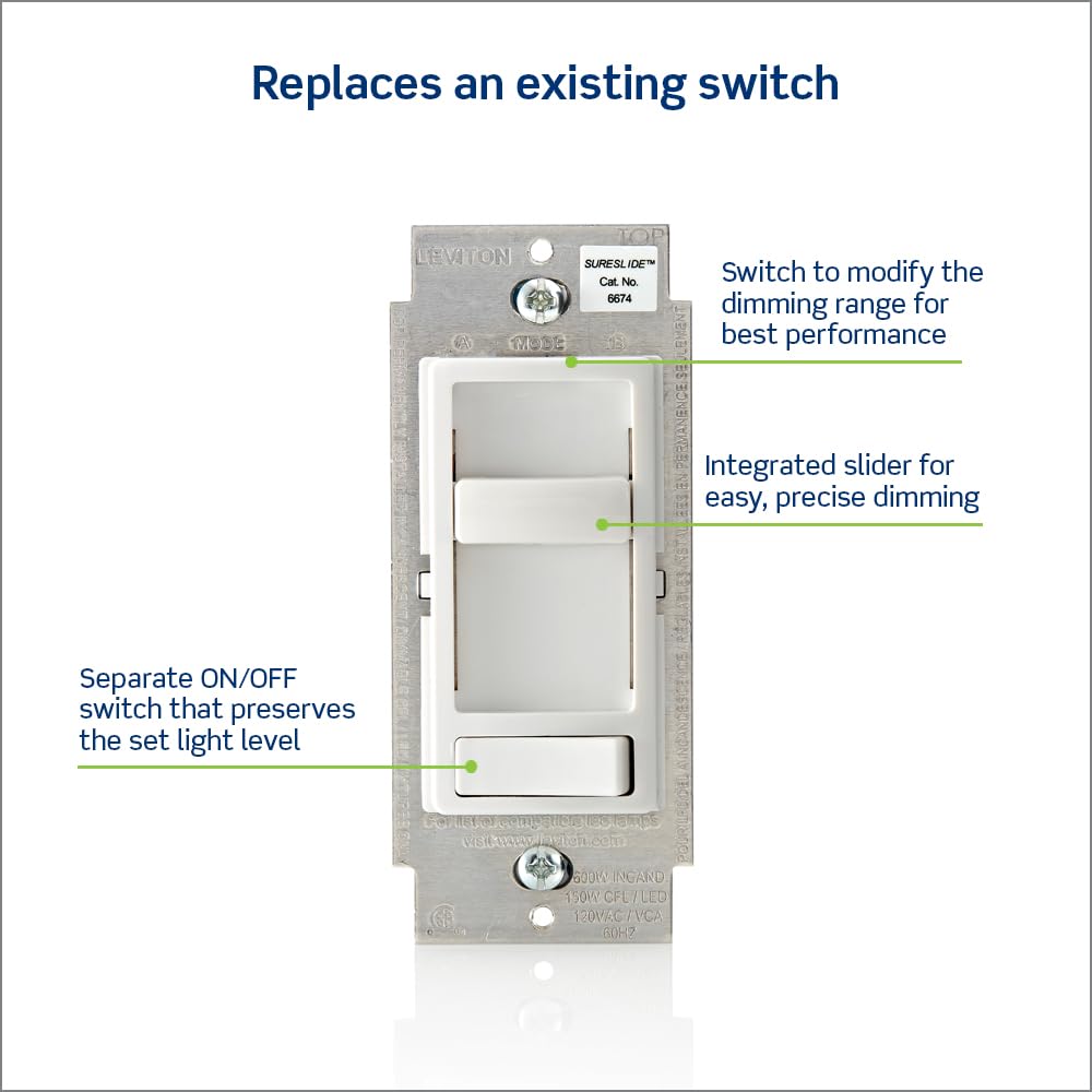 Leviton SureSlide Dimmer Switch for Dimmable LED, Halogen and Incandescent Bulbs, 6674-P0E, Black